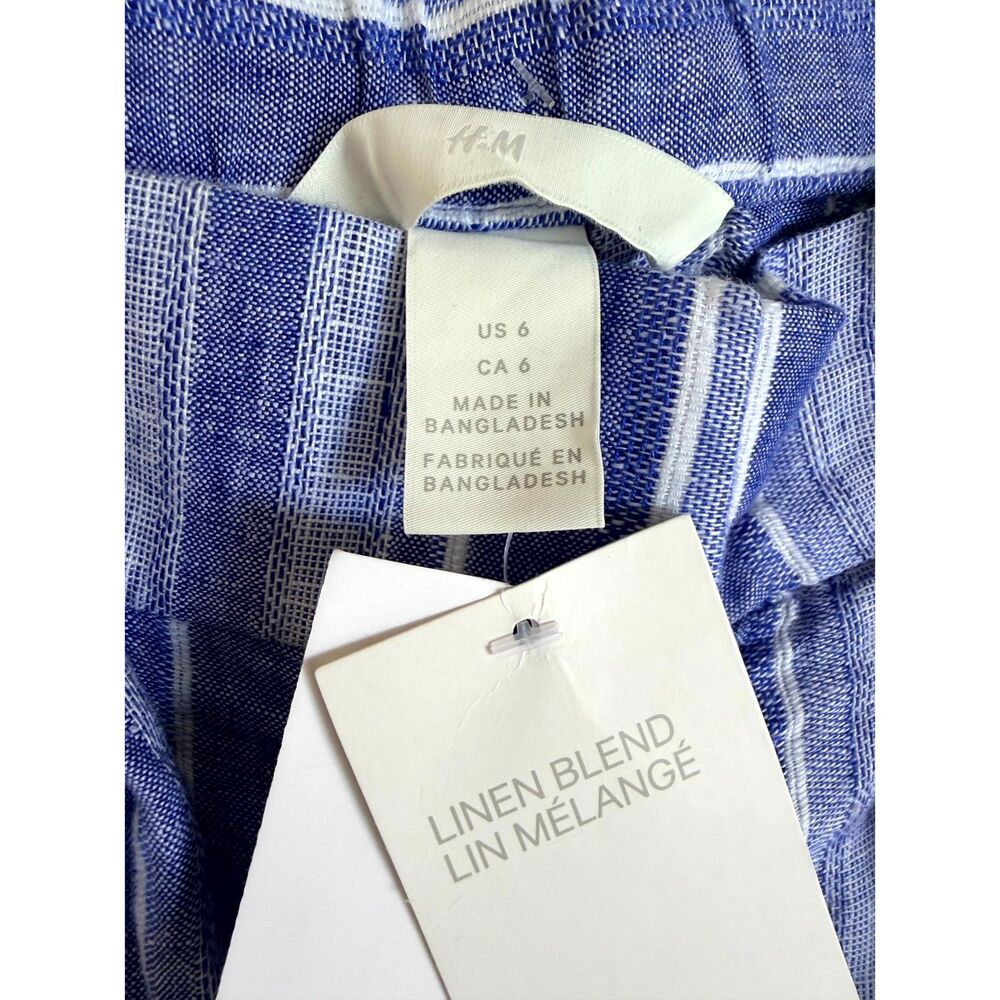 H&M Women’s Size 6 Blue White Striped Linen Blend Paperbag Belted Shorts - Picture 9 of 14